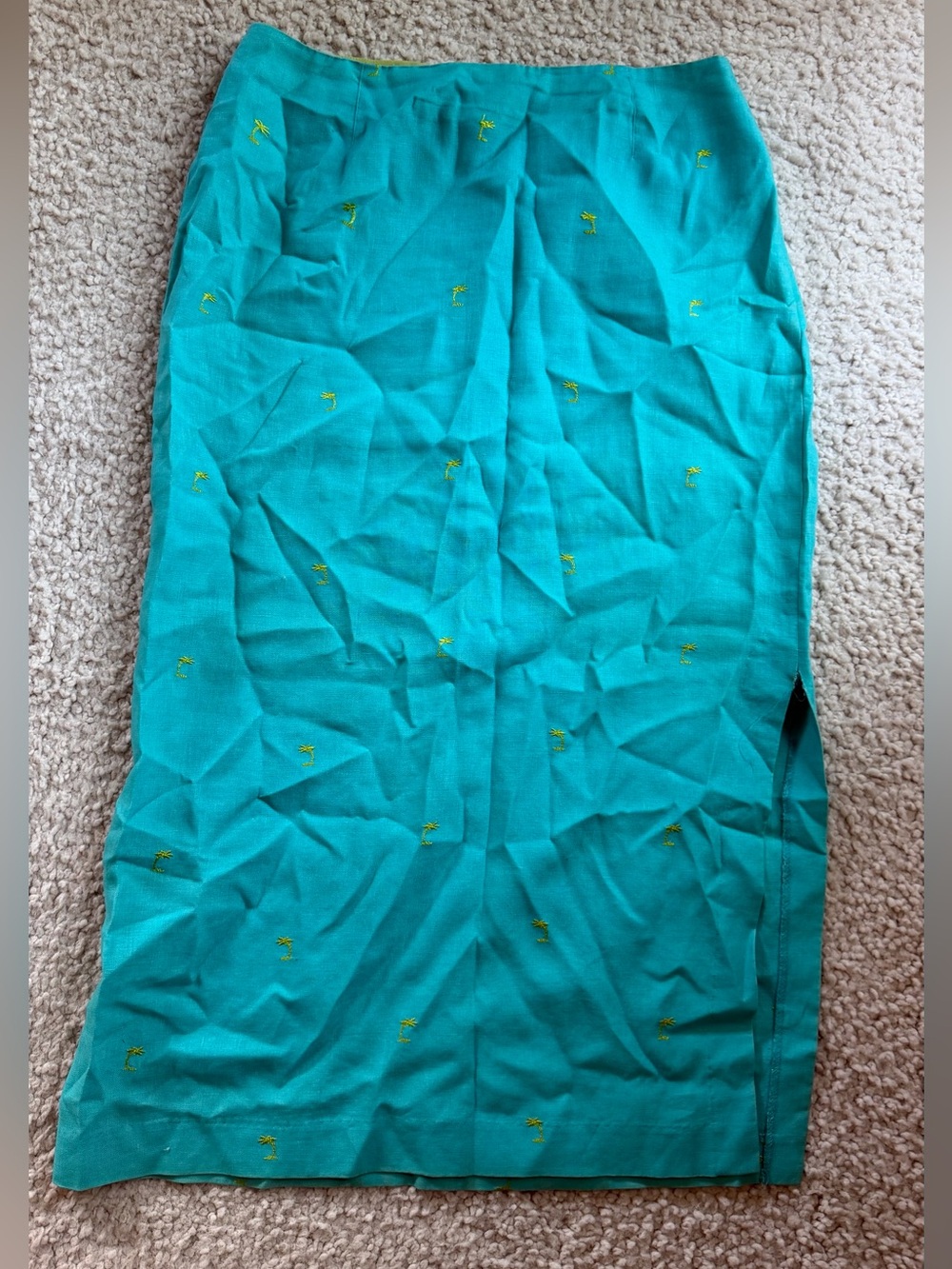 David Brooks 100% Linen Turquoise Palm Tree Skirt Size 14
